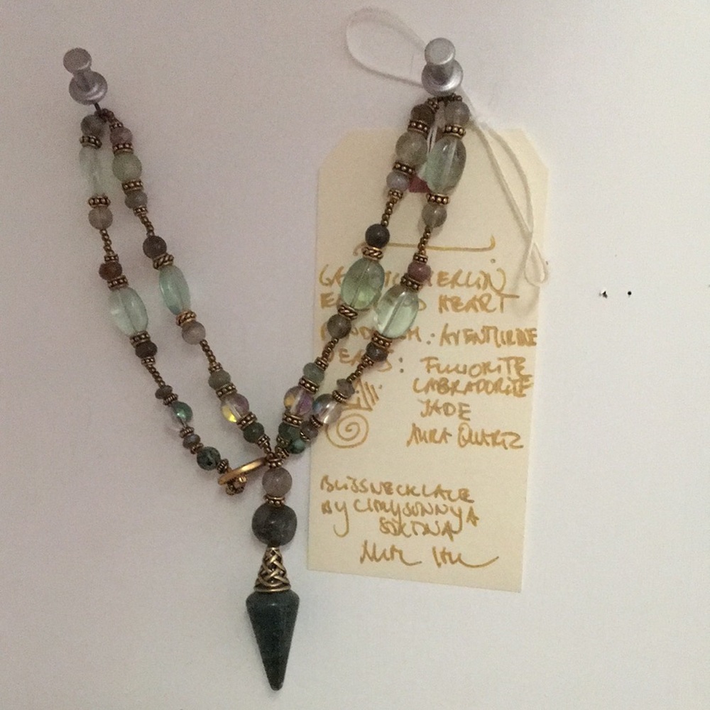 Fluorite, Labordorite, Jade, Aura Quartz Crystal one of a kind handmade necklace